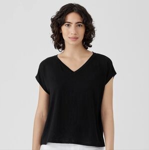 Eileen Fisher Black V-Neck Organic 68% Linen 32% Cotton